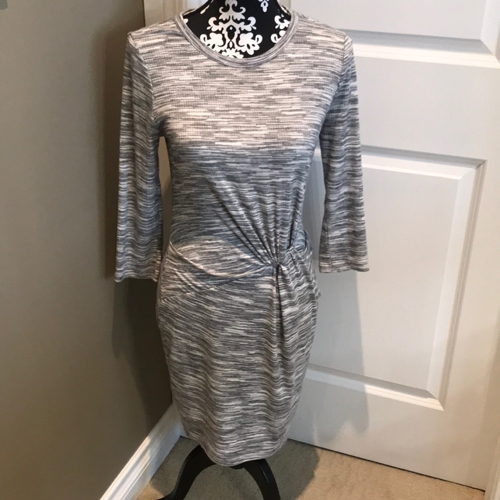 Lush brand grey, white and black "striped" T-shirt dress with knot on front side